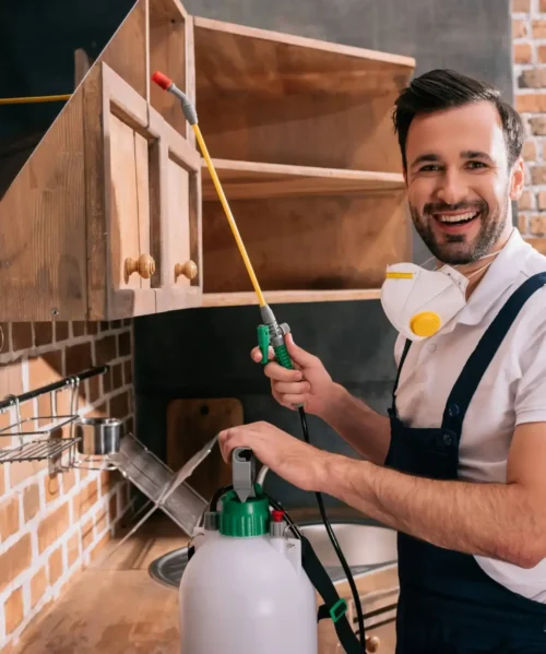 virtual receptionist for pest control: worker-spraying pesticides in home for pest control