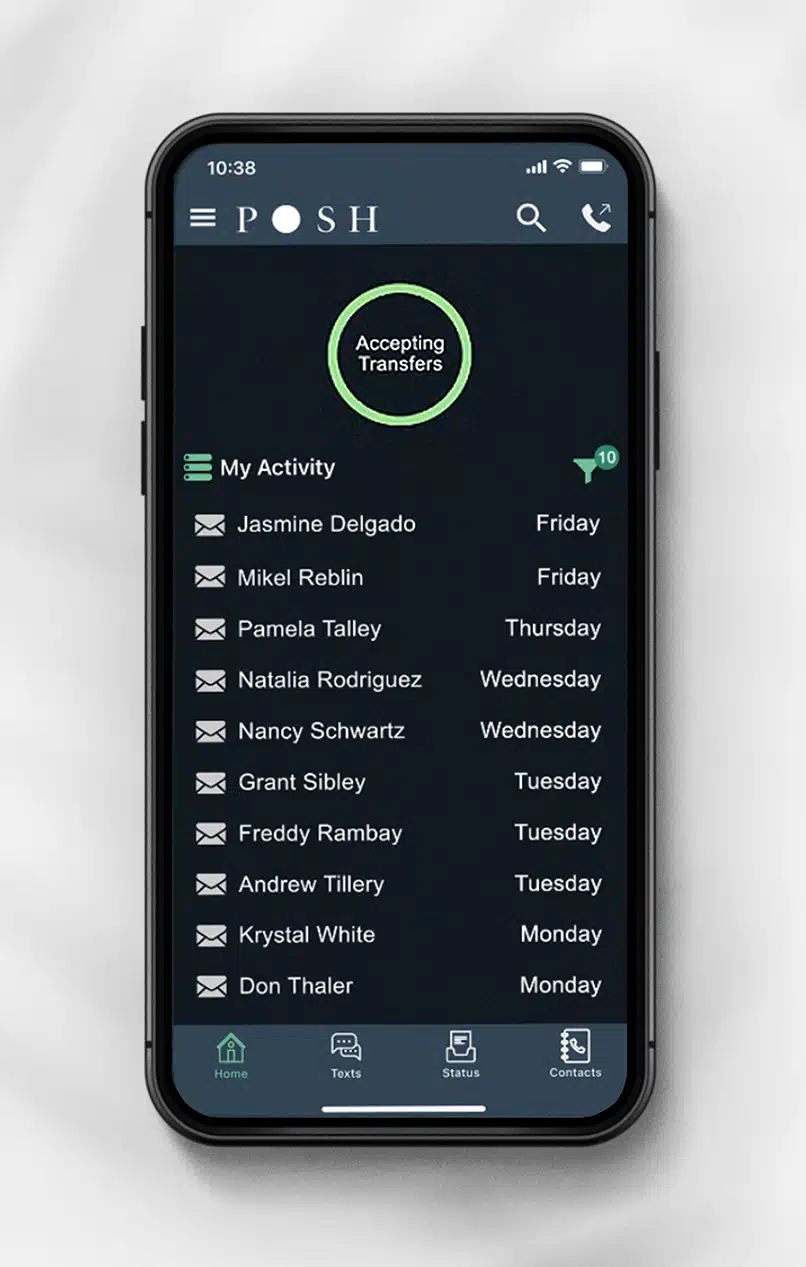 Posh app activity screen with status of Accepting Transfers