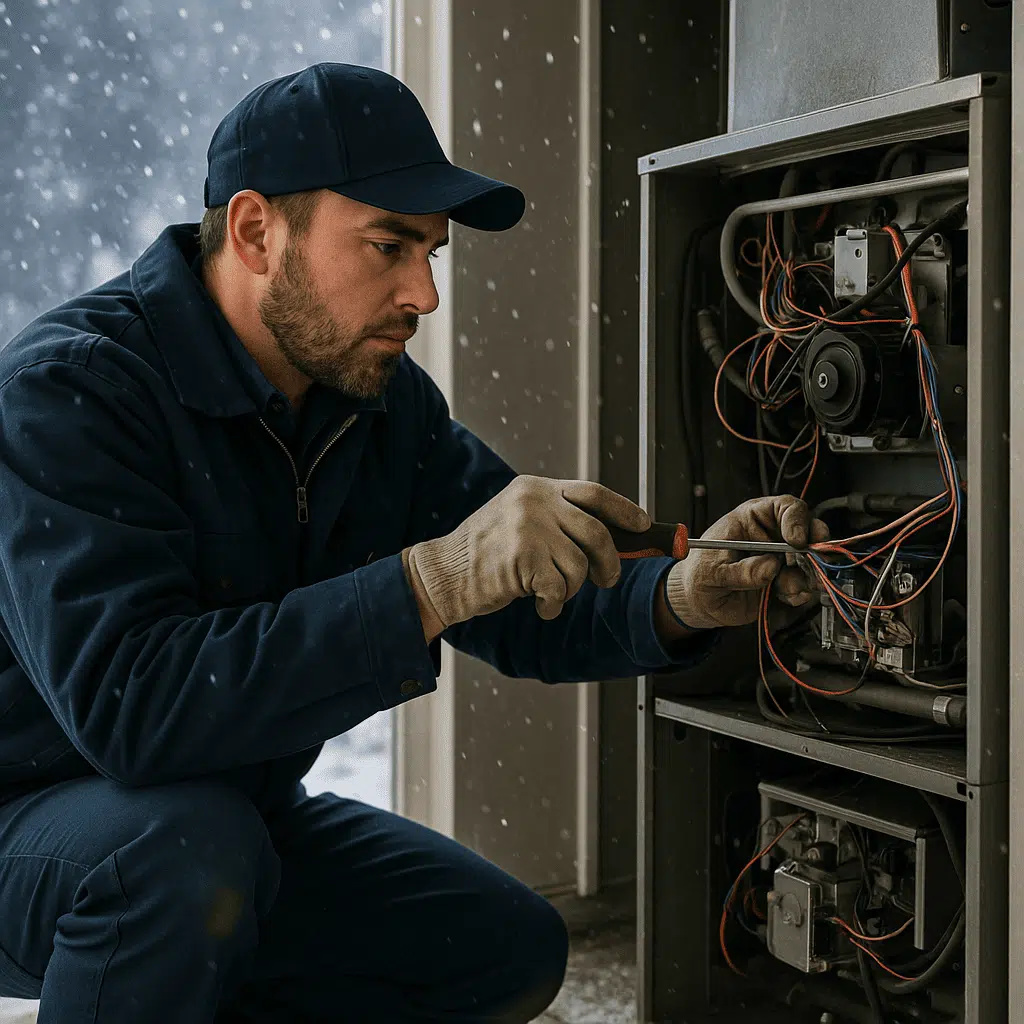 HVAC technician in uniform repairing a furnace unit indoors while snow falls outside