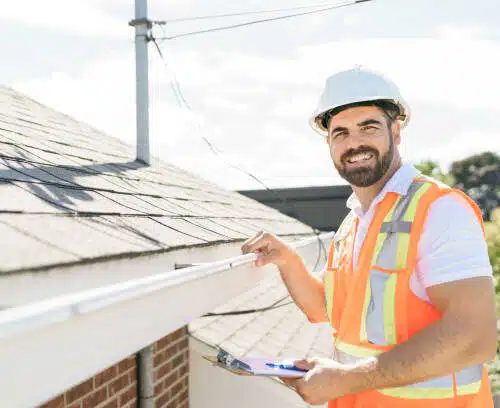 roofing contractor working on his business while answering service handles calls