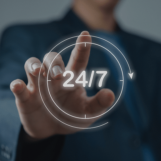 24/7 availability After hours answering service icon showing 24/7 availability with virtual receptionist support.
