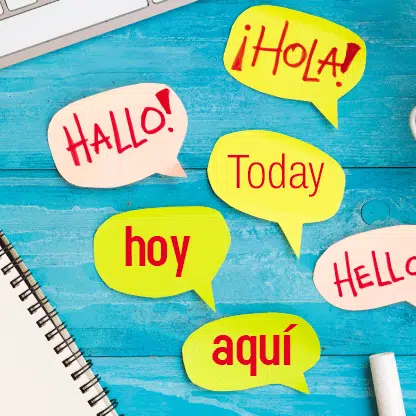Colorful language notes including “hola,” “hello,” and “hallo,” illustrating the role of a bilingual virtual receptionist.