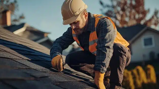 Roofing contractor wearing safety gear inspecting and working on asphalt shingles during daylight.
