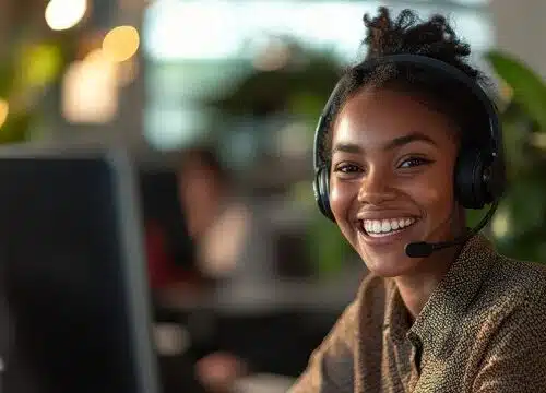 Smiling female virtual receptionist wearing a headset, working at a computer in a modern office.