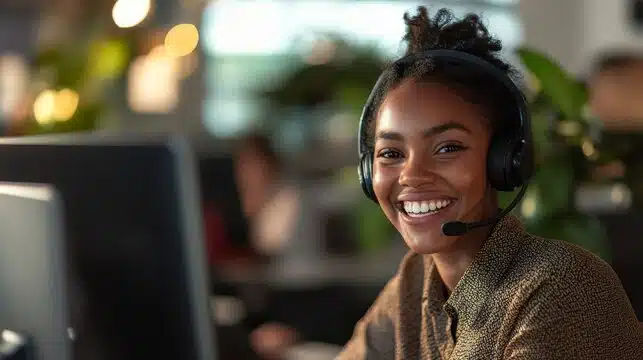 Smiling female virtual receptionist wearing a headset, working at a computer in a modern office.