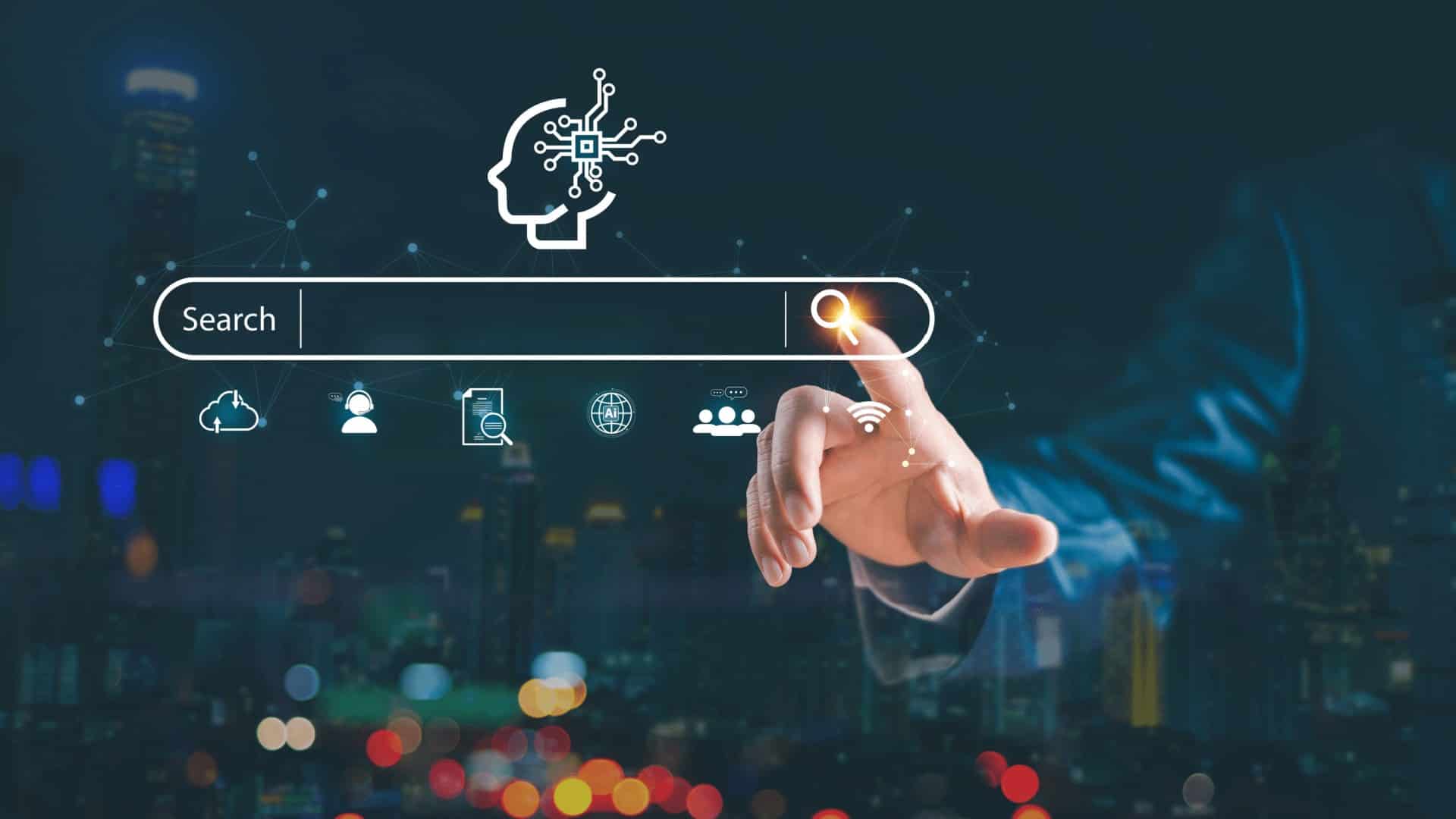 AI Search Optimization Business professional pointing at a digital search bar with AI icons and technology graphics, symbolizing AI Search Optimization for modern search engines.