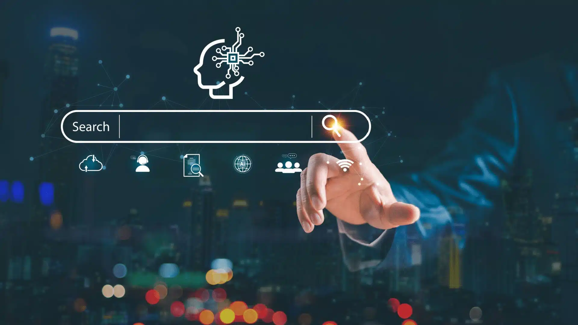 Business professional pointing at a digital search bar with AI icons and technology graphics, symbolizing AI Search Optimization for modern search engines.