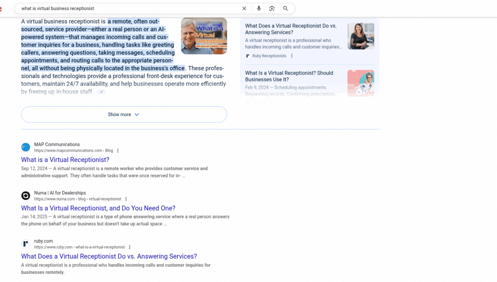 AI overview results for Virtual receptionist search in Google SERP