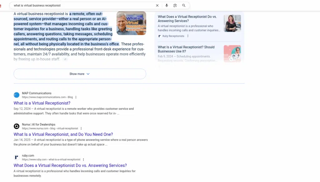 AI overview results for Virtual receptionist search in Google SERP