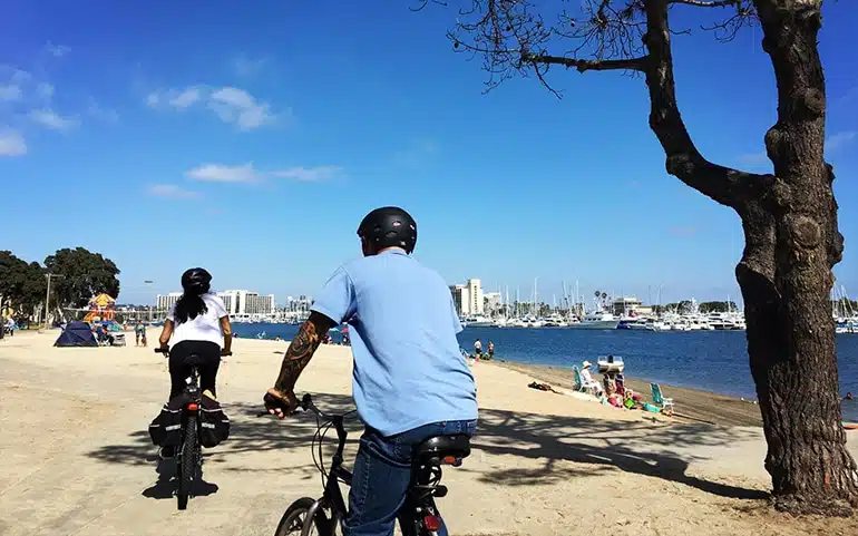Beach path in Venice Beach, California, with palm trees and people walking or cycling.