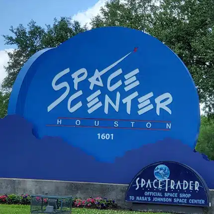 Space Center Houston entrance sign showcasing NASA's legacy.