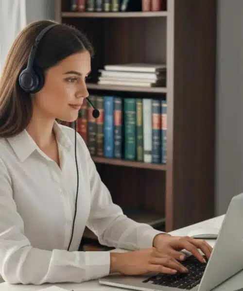 Professional woman wearing a headset working on a laptop at a desk in a modern office with law books.