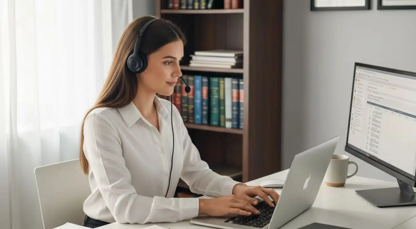 Professional woman wearing a headset working on a laptop at a desk in a modern office with law books.