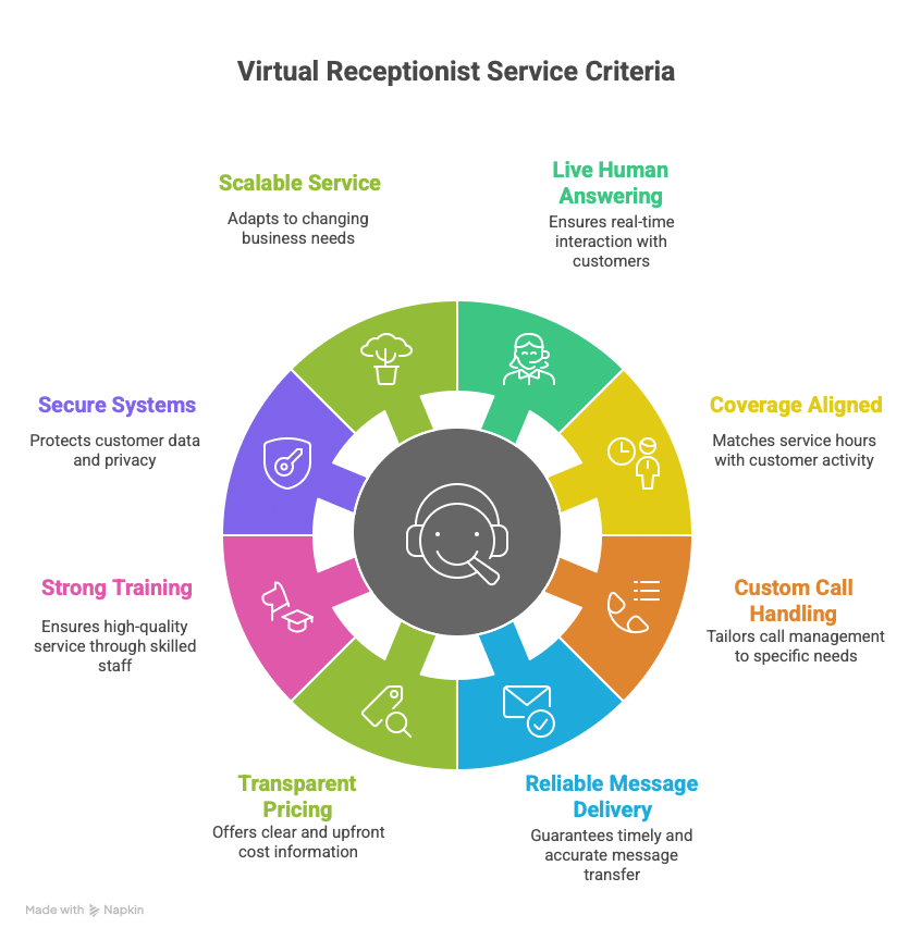 Infographic showcasing the key criteria for virtual receptionist services: scalability, training, and more.