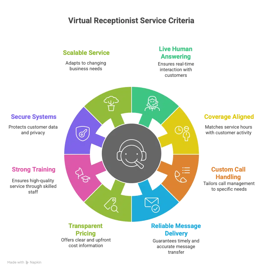 Infographic showcasing the key criteria for virtual receptionist services: scalability, training, and more.
