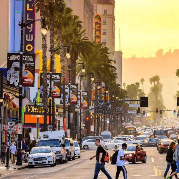 Busy Hollywood street lined with palm trees and shops in California