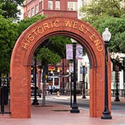 Historic West End sign welcoming visitors to Dallas, Texas