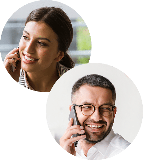 Businesswoman and businessman smiling during phone calls with Posh AI