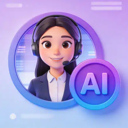 3D illustration of a virtual receptionist wearing a headset, framed in a circular interface, with a prominent AI icon in the foreground.