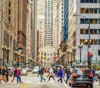 Busy Illinois downtown street showcasing the local business community served by reliable phone answering services.
