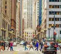 Busy Illinois downtown street showcasing the local business community served by reliable phone answering services.