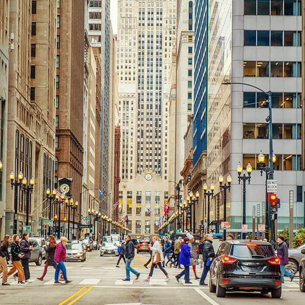 Busy Illinois downtown street showcasing the local business community served by reliable phone answering services.
