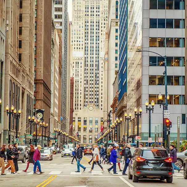 Busy Illinois downtown street showcasing the local business community served by reliable phone answering services.