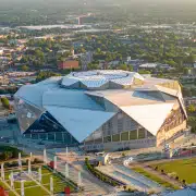 Aerial view of Mercedes-Benz Stadium in downtown Atlanta, Georgia