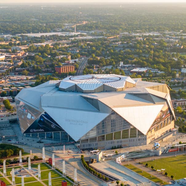 Aerial view of Mercedes-Benz Stadium in downtown Atlanta, Georgia