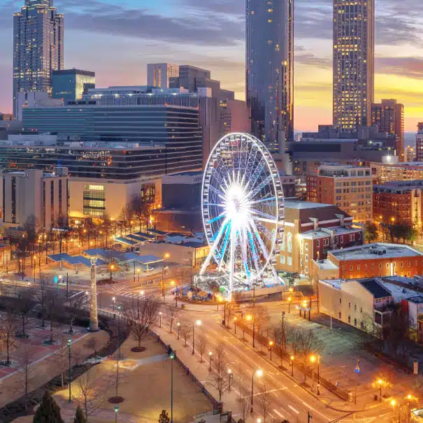 Atlanta skyline at sunset with the SkyView Ferris wheel downtown