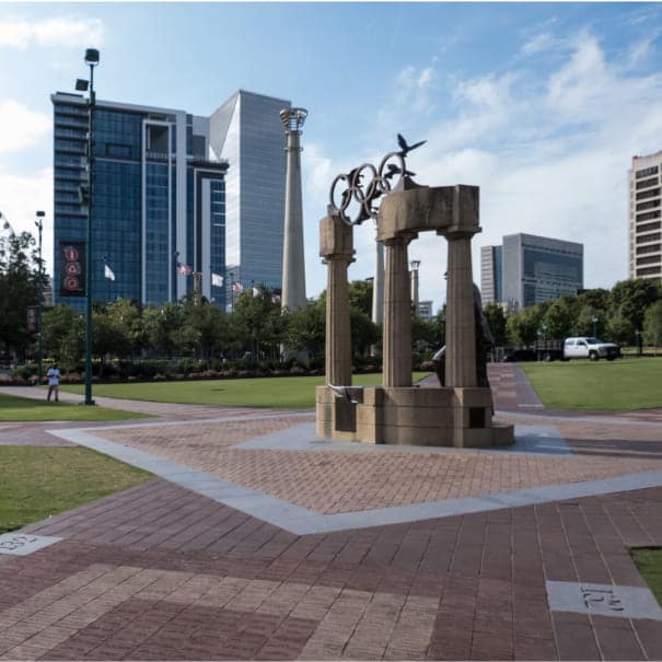 Public sculpture park in downtown Atlanta with skyline in the background