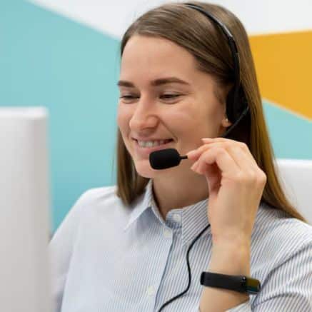 Smiling virtual receptionist wearing a headset while working at a computer